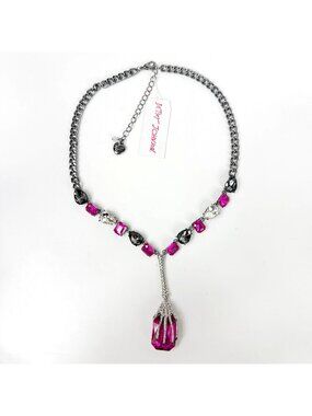 Betsey Johnson Rich Witch Gunmetal Fuchsia Rhinestone Skeleton Hand Y Necklace